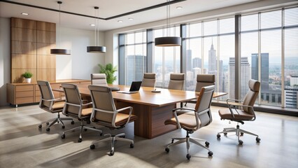 Modern office setting with sleek furniture, empty chairs, and a blank background, awaiting the insertion of diverse professionals, conveying success and corporate culture.