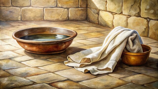 Delicate watercolor illustration of a rustic basin and towel on a stone floor, symbolizing Jesus' humble act of washing his disciples' feet on Maundy Thursday. - Powered by Adobe