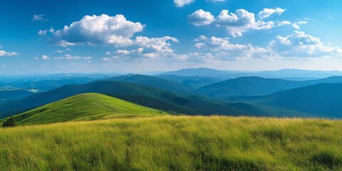 Fototapeta premium Landscape portrait of emerald green rolling hills with a forest off in the distance, blue sky and white puffyy clouds in the background over mountains