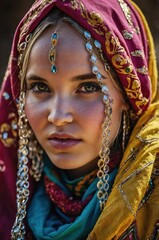 Close-up portrait of a woman wearing vibrant traditional attire and ornate jewelry, including a detailed headscarf with decorative elements.
