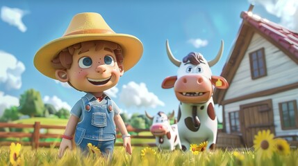 Cartoon 3D farmers milking cows in a dairy farm