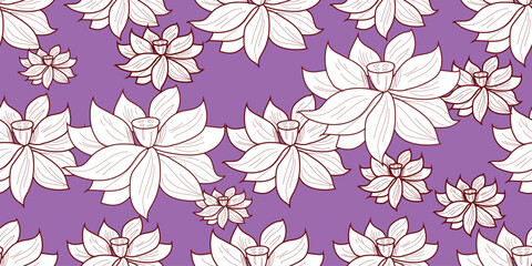 Seamless Pattern with Floral Motifs. Endless Texture with Flowers, Leaves etc. Natural Background in Doodle Line Style. Coloring Book Page. Contour Illustration. Abstract Art
