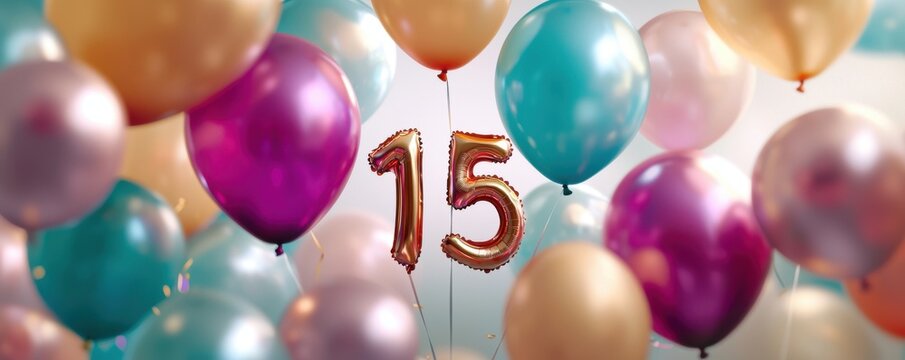 Colorful balloons with gold number 15. Celebration.