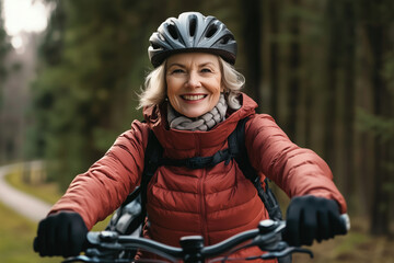 Obraz premium woman is smiling and riding a bike. She is wearing a red jacket and a helmet. Concept of happiness and adventure
