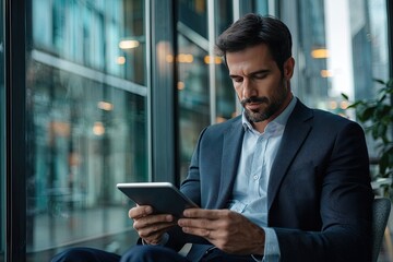 Close up of young businessman using digital tablet while sitting at his working place in office. Businessman using digital tablet