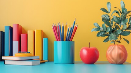 Fototapeta premium Colorful School Supplies and Red Apple on Bright Desk Against Yellow Background