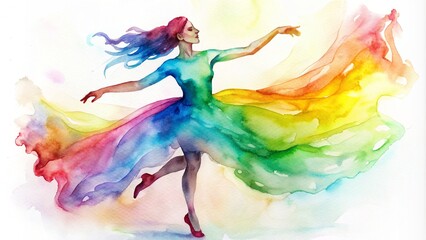 Fototapeta premium Rainbow Dancer: A watercolor illustration of a woman in a flowing rainbow dress, dancing with graceful elegance and vibrant energy. The ethereal image evokes a sense of freedom, joy, and the beauty of