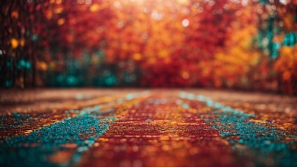 Fototapeta premium Autumn's Embrace: A mesmerizing low-angle shot of a sun-kissed forest path adorned with fallen leaves, capturing the vibrant hues and tranquil ambiance of autumn. 