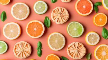 Obraz premium A colorful assortment of citrus fruit slices and green leaves artistically arranged on an orange background, showcasing freshness and variety. 