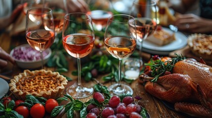 Thanksgiving Friendsgiving Feast: Hands Toasting with Rose Wine over Autumn Table of Roasted Turkey, Pumpkin Pie, and Family Celebrating - Flat Lay Wide Composition