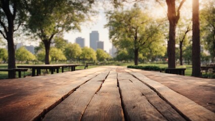 Fototapeta premium A City Park Picnic: A rustic wooden picnic table sits invitingly in the center of a vibrant city park, bathed in the golden glow of a setting sun. The lush greenery and the distant cityscape create a 