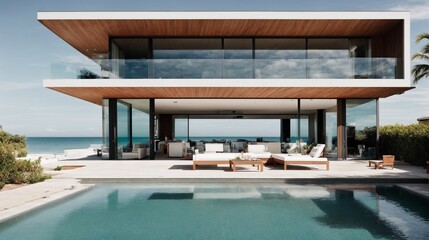 Fototapeta premium Modern Coastal Retreat: Luxurious beachside villa with stunning ocean views, a sparkling pool, and sleek minimalist design. This architectural masterpiece exudes tranquility and sophistication. 
