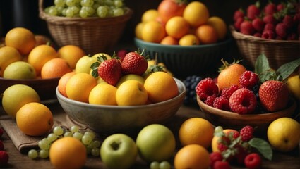 Summer Harvest Abundance: A captivating still life of fresh, ripe fruits overflowing from rustic baskets and bowls, creating a vibrant tableau of nature's bounty.  