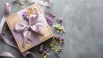 Decorative wooden box with little flowers and violet satin ribbons on grey background