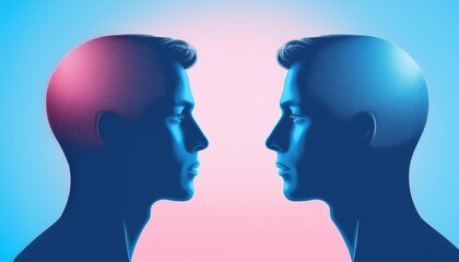 Metaphor bipolar disorder mind mental. Double face. Split personality. Concept mood disorder. Dual personality concept. 2 Head silhouette. Mental health. Imagination. Web banner. 
