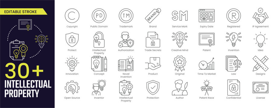Intellectual Property Stroke icon collections. Containing copyright, trademark, registered, service mark, business idea, patent symbols and more. Editable Stroke icon collection Outline icon