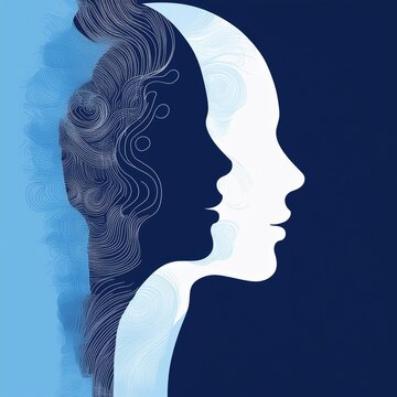 Metaphor bipolar disorder mind mental. Double face. Split personality. Concept mood disorder. Dual personality concept. 2 Head silhouette. Mental health. Imagination. Web banner. 