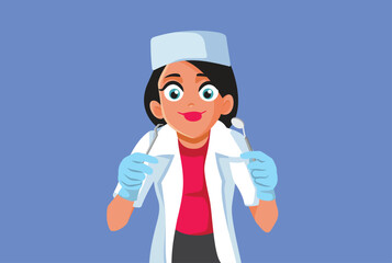 Funny Dentist Concentrated Holding Her Instruments Vector Cartoon. Dental care specialist checking a patient with joy and positivity 
