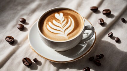 Aromatic Latte Art: A steaming cup of latte with delicate, intricate latte art, surrounded by coffee beans on a soft linen background. The warm sunlight bathes the scene, creating a cozy and inviting 