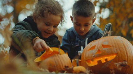 Fototapeta premium Two children joyfully carving pumpkins in a vibrant autumn setting, surrounded by falling leaves and Halloween spirit.