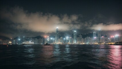 Hong Kong Skyline at Night: A mesmerizing vista of Hong Kong's urban jungle, with towering skyscrapers illuminated against a dramatic night sky and reflecting in the tranquil waters of the harbor. The