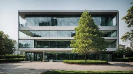 Obraz premium Modern Office Serenity: A sleek, glass-fronted office building stands amidst a tranquil green space, embodying contemporary workplace design and environmental harmony.