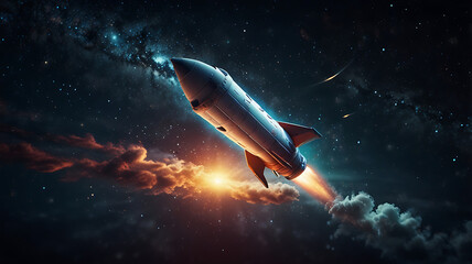 A Futuristic Rocket Launching into Space with a Trail of Stars and a Success Banner Waving in the Cosmic Background, Representing the Ambition and Achievement of Reaching New Heights