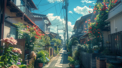 Naklejka premium Charming Narrow Lane Surrounded by Colorful Flowers in a Peaceful Neighborhood on a Sunny Day