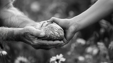Helping Hand: Black and White Concept of a Man Giving Bread to a Person in Need