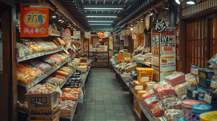 Vibrant Japanese Grocery Market Filled With Colorful Produce and Local Goods at Dusk