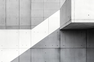 Abstract modern architecture background. Fragment of sleek concrete facade. Patterned recesses detail. Geometric raw building design. Multi-surfaced and industrial chic