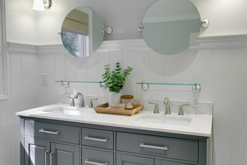 Modern Bathroom With Dual Sinks, Round Mirrors And Potted Plant On The Counter.
