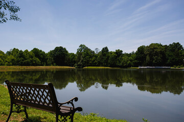 Peaceful Lakeside Scenery With A Wooden Bench Under Clear Blue Sky