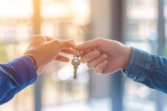 Real estate agent handing over a key to a young couple