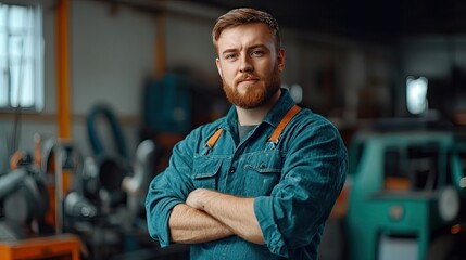 Fototapeta premium Portrait of handsome bearded mechanic in overalls standing in auto repair shop