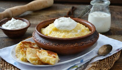 Authentic Mămăligă: Traditional Moldovan Cornmeal Porridge Served with Cheese and Sour Cream