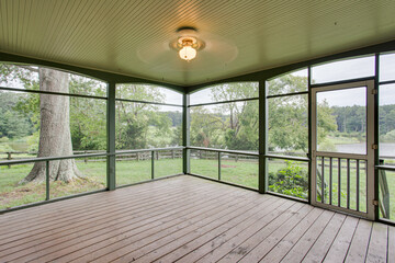 Screened Porch With Wooden Floor Overlooking Scenic Landscape And Nature