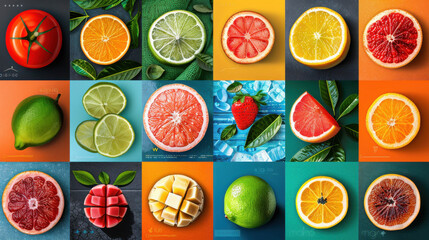 A vibrant grid of assorted citrus and berry fruit slices, creatively displayed with colorful backgrounds and green leaves, celebrating variety and freshness.
