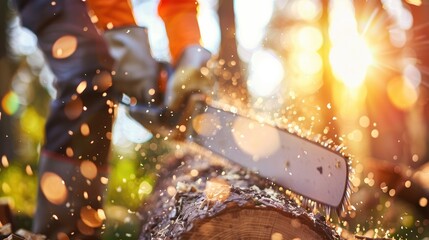 Closeup of a lumberjack cutting a tree with a chainsaw in a sunlit forest, emphasizing hard work and nature..