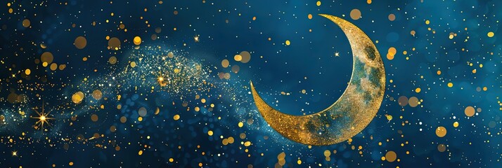Naklejka premium eid al-fitr concept with golden crescent moon on blue background and gold sparkles