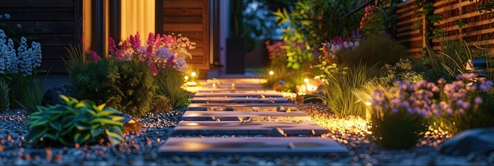 Modern gardening landscaping design details. Illuminated pathway in front of residential house. 