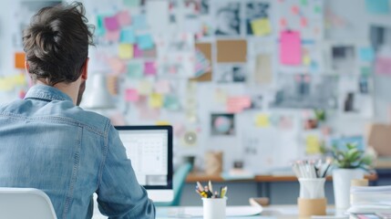 Naklejka premium Back view of a creative professional working in a vibrant office workspace with team members collaborating on a project..