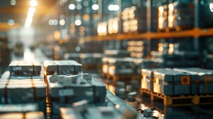 Obraz premium A busy logistics warehouse with stacks of pallets and trucks, illuminated by the warm glow of sunrise, showcasing industrial activity and supply chain management..