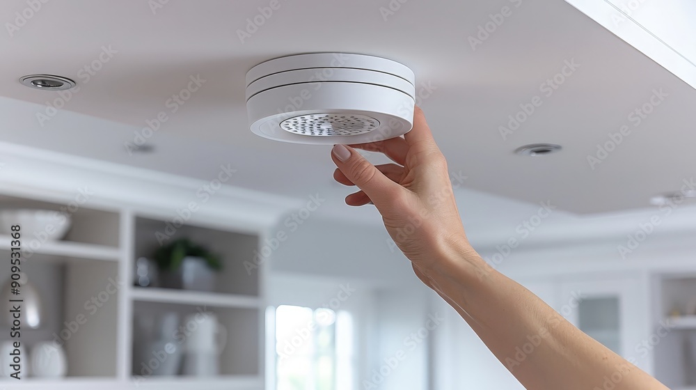 Wall mural A person installing a smoke detector in a home, ensuring fire safety