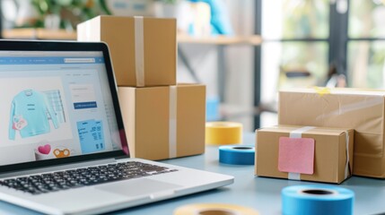 Naklejka premium A business owner in a yellow shirt uses a laptop to manage orders, surrounded by packed boxes ready for shipping, illustrating e-commerce operations..
