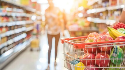 Close-up of a shopping cart filled with fresh fruits and vegetables in a brightly lit supermarket aisle..