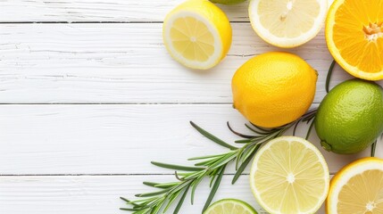 Top view of fresh lemons, limes, and oranges with rosemary sprigs on a white wooden background..
