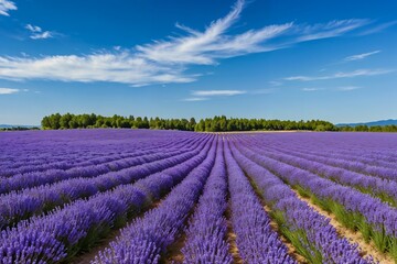 Lavender field in full bloom under a clear blue sky, depicting natural beauty and tranquility.