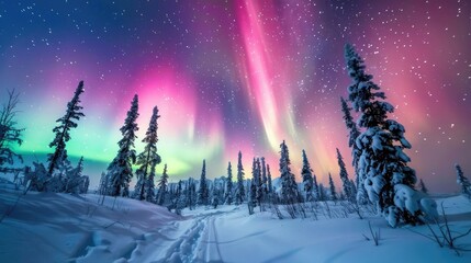 Obraz premium Breathtaking view of the Northern Lights illuminating the night sky above a serene snowy forest, creating a magical winter scene...