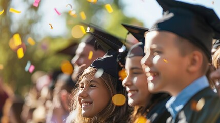 Group of happy children in graduation caps celebrating their achievement outdoors with confetti and smiles...